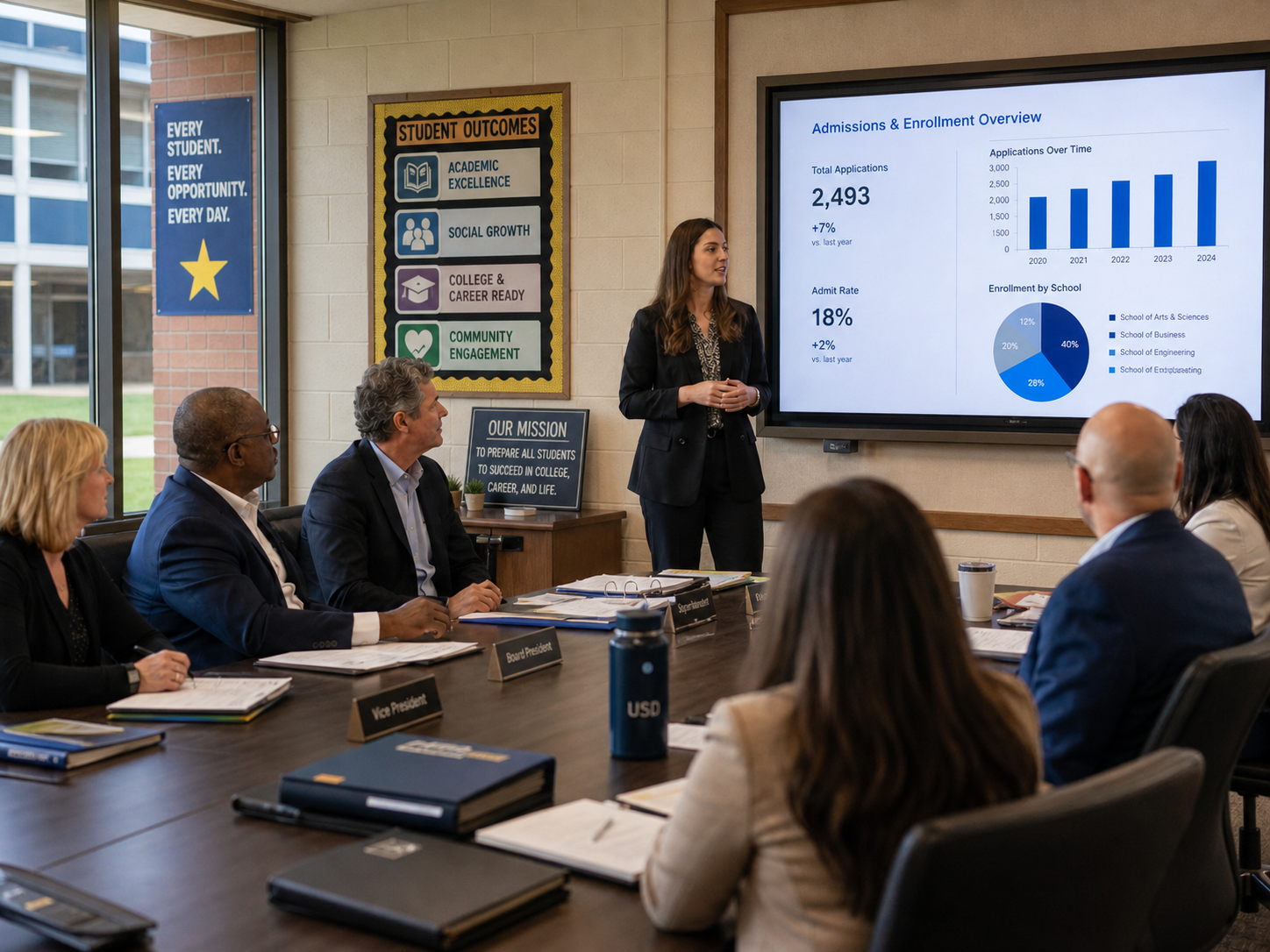 Board reporting dashboard showing admissions outcomes