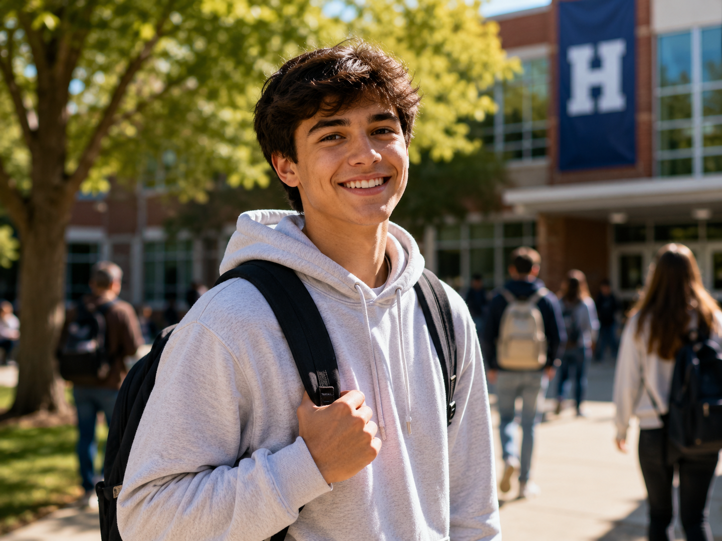 Student walking across campus with a backpack in front of a school building